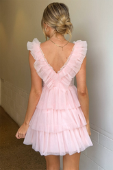 Ruffled Deep V Neck Tiered Hem Sleeveless Mini Dresses-Pink